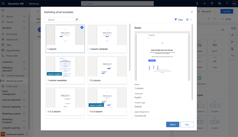 Dialog for choosing an email template.